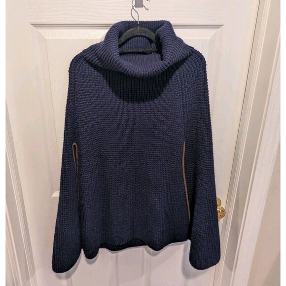LAUREN RALPH LAUREN Waffle Knit Cowl Neck Poncho Sweater Navy Blue Wool Blend - Picture 5 of 7